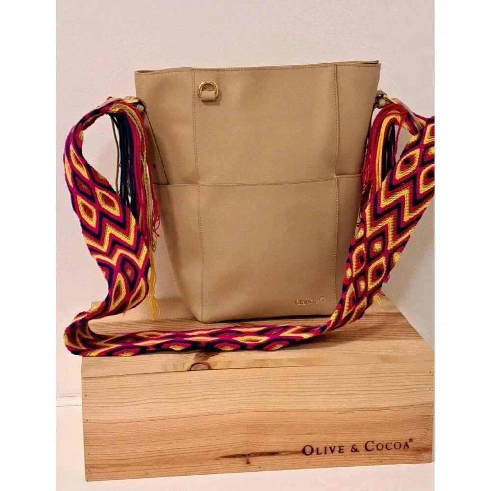 Claudia Ghizzani Tan Leather Bucket Crossbody Bag With Multicolor Woven Strap